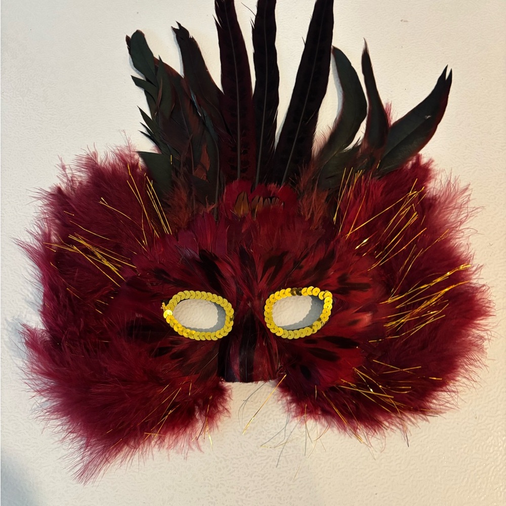 Red Feather Masquerade Mask with Gold Accents